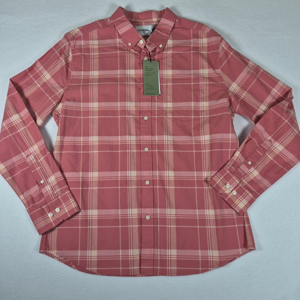 Goodfellow & Co Poplin Button-Up Mens L Pink New Plaid Slim Fit Every Wear Shirt